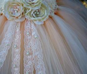 Flower Girl TuTu Dress.Ivory Vintage Lace with Pearls TuTu Dress.Wedding . Birthday